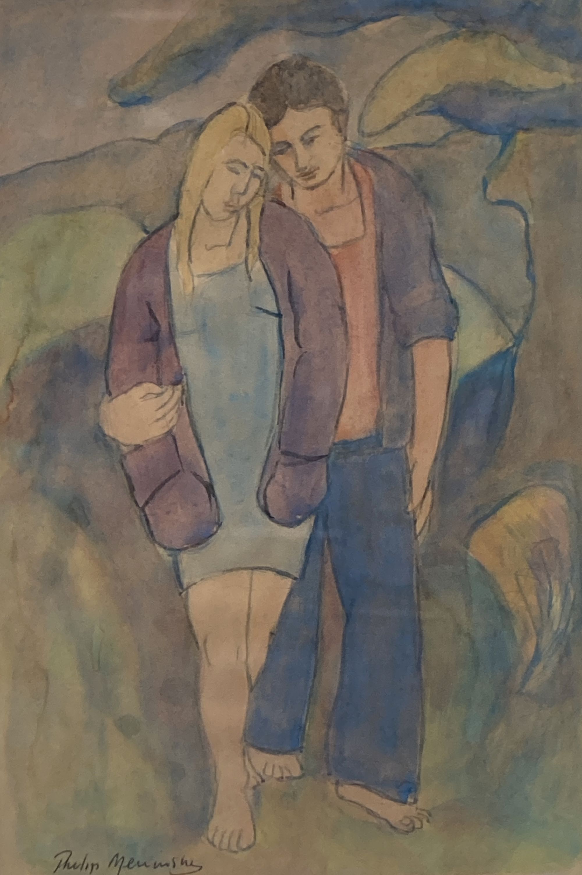 Philip Meninsky (1919-2007), watercolour, Lovers in a landscape, signed, 25 x 17cm.